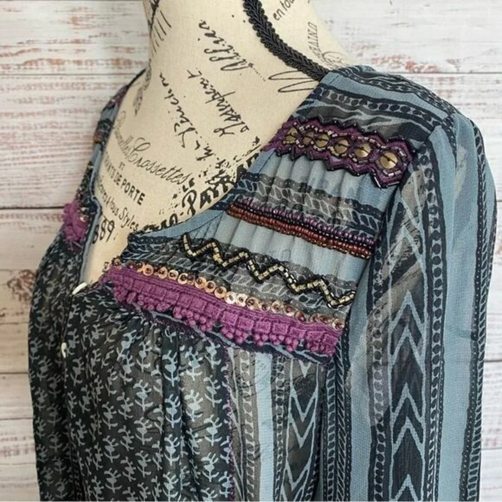 Free People Boho Beaded Embroidered Tunic Blouse Sheer Long Sleeve Print Pockets